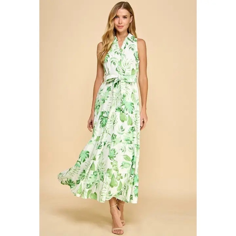 TCEC White Maxi Dress with Green Leaf Print